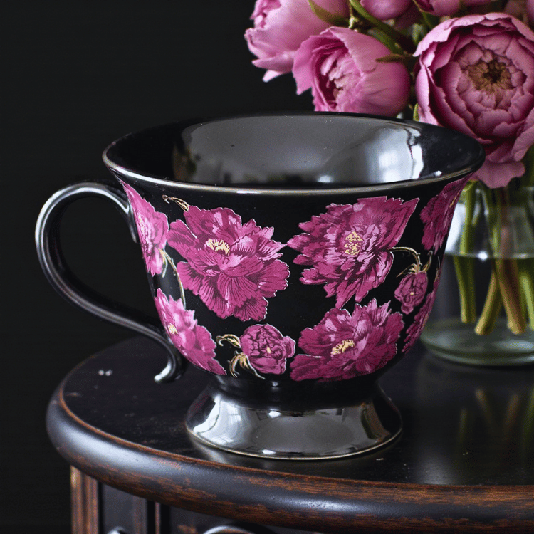 Teetasse mit dunklem Blumenprint – Keramik-Tasse 320 ml – ZauberMerch