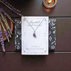 Kristall-Mond Halskette inkl. Grußkarte – Amethyst, Schwarzer Obsidian oder Rosenquarz