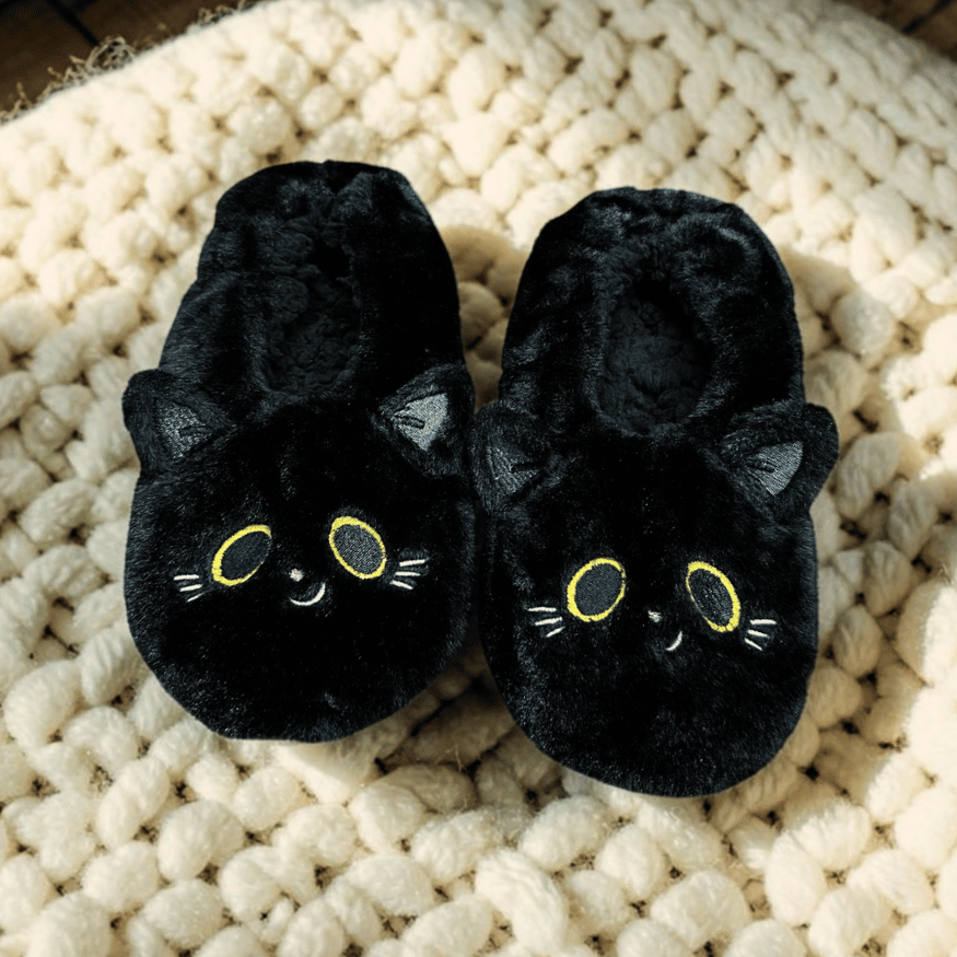 Schwarze Katze - Plüsch-Hausschuhe mit Katzengesicht