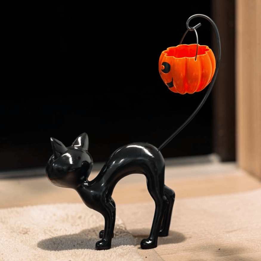 Schwarze Katze Statue mit hängender Kürbislaterne XXL Halloween Deko