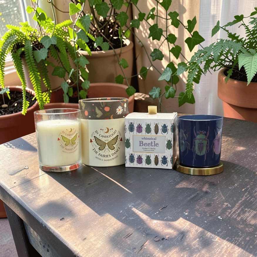 Sommerwald Kerzenset – 2 Duftkerzen mit Feenflügel & Käfermotiv