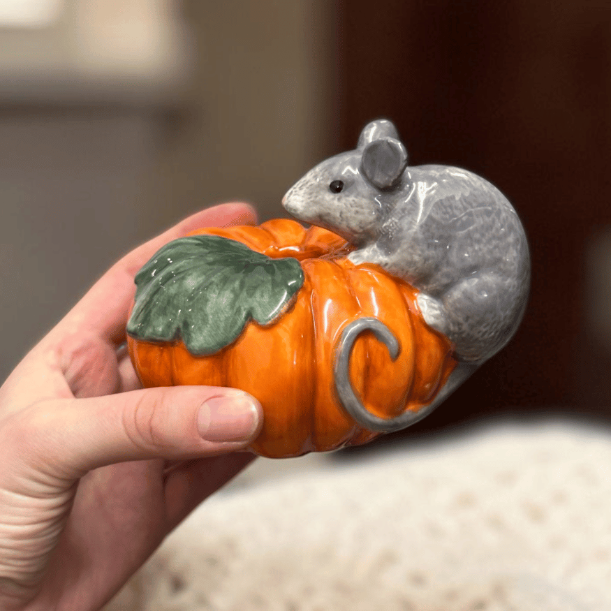 Kürbis Kerzenhalter mit Maus Keramik Herbstdeko