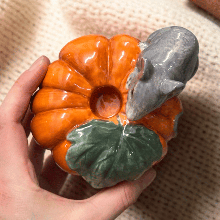 Kürbis Kerzenhalter mit Maus Keramik Herbstdeko