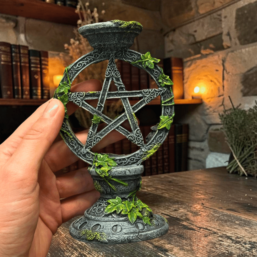 Kerzenständer-Set Pentagramm – 2 gotische Kerzenhalter mit Efeu
