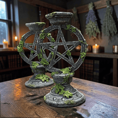 Kerzenständer-Set Pentagramm – 2 gotische Kerzenhalter mit Efeu