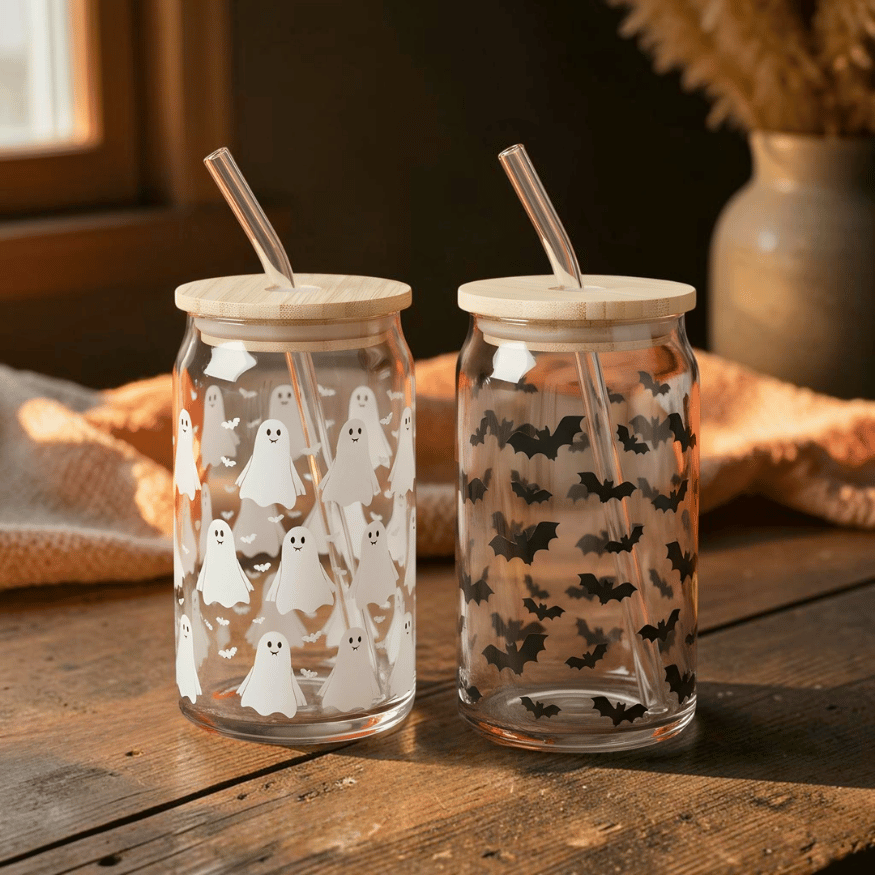 Halloween Tumbler mit Strohhalm – Geister & Fledermaus