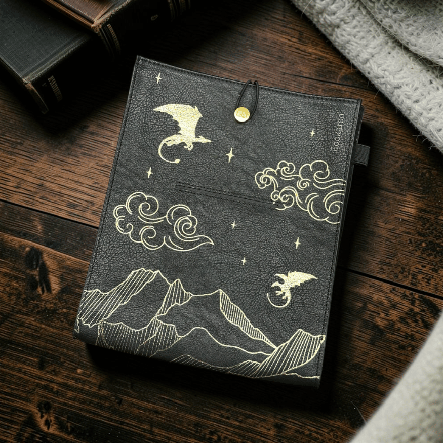 Buchhülle mit goldenen Drachen, Fantasy-Drachenmotiv