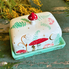 Pilz Butterdose aus Porzellan - Cottagecore Butterdose mit Fliegenpilz