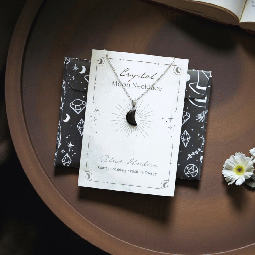 Kristall-Mond Halskette inkl. Grußkarte – Amethyst, Schwarzer Obsidian oder Rosenquarz