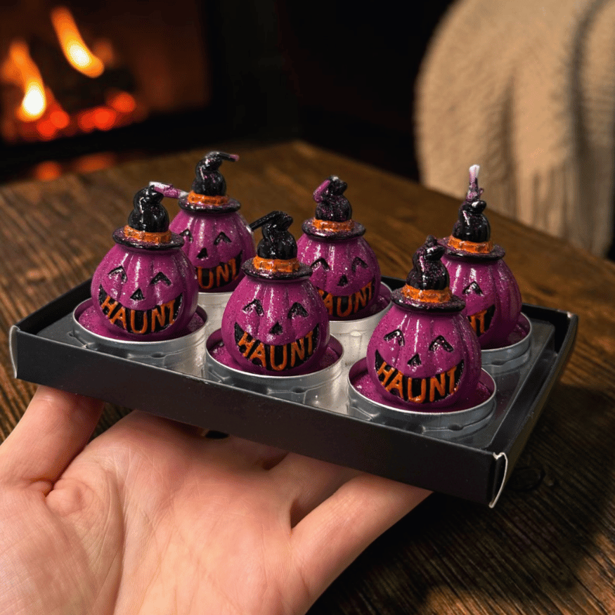 Handbemalte Kürbis- und Hexenlichter - Halloween-Teelicht-Set