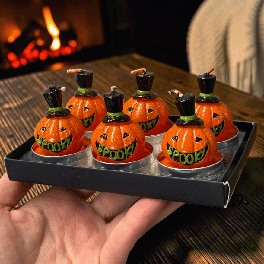 Handbemalte Kürbis- und Hexenlichter - Halloween-Teelicht-Set