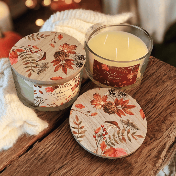 Herbstkerze mit Holzdeckel – Autumn Spice Duftkerze im 2er Set