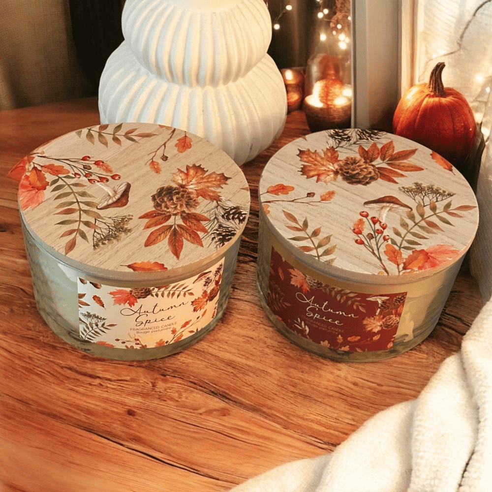 Herbstkerze mit Holzdeckel – Autumn Spice Duftkerze im 2er Set