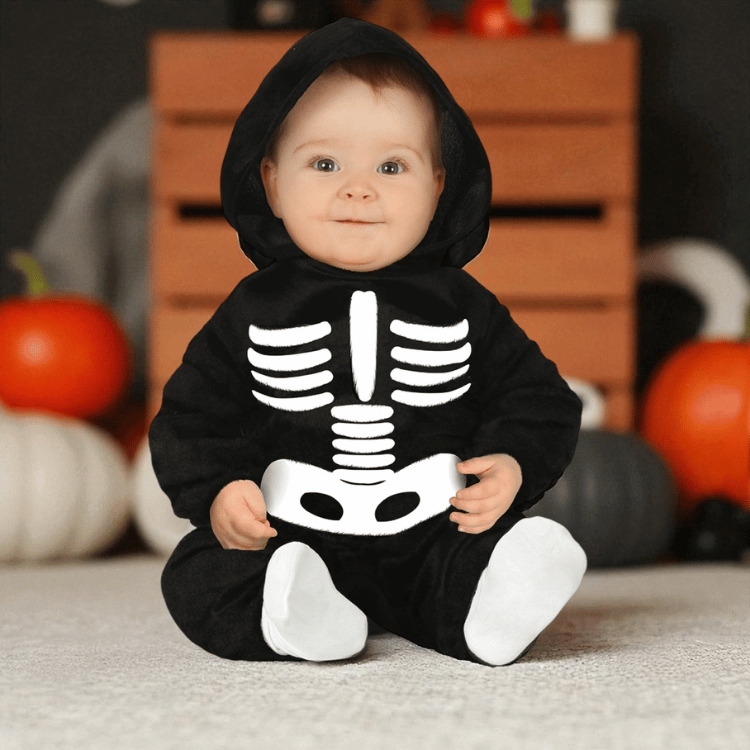 Baby Skelett Kostüm Onesie mit Kapuze – Halloween Strampler für Babys & Kleinkinder - 12-18 Monate