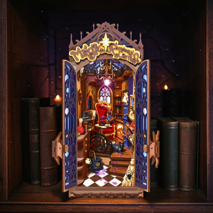 Magic Fantasy Corner Book Nook mit Hexenkessel & Katze