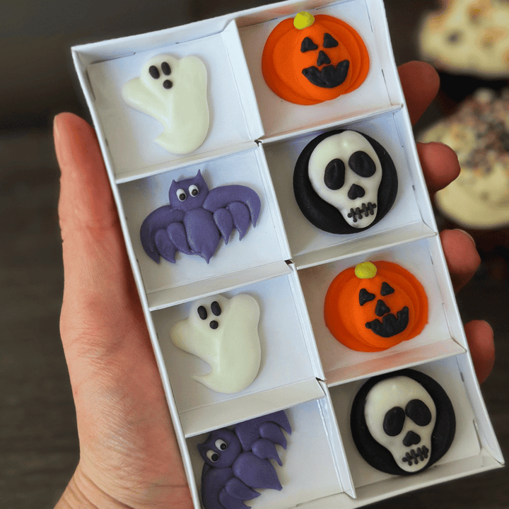 Essbare Halloween Zuckerdeko – Geister, Kürbis, Fledermaus & Totenkopf (8 Stück)