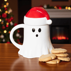 Geister-Tasse mit Weihnachtsmützen-Deckel – Halloween x Weihnachten