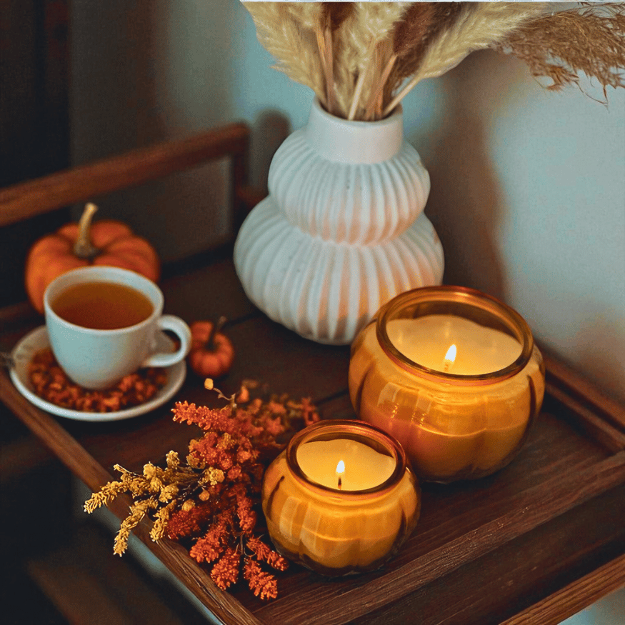 Glaskürbis Kerzen Set (2-teilig) – Herbst & Halloween Deko Duftkerzen