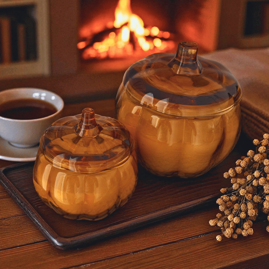 Glaskürbis Kerzen Set (2-teilig) – Herbst & Halloween Deko Duftkerzen