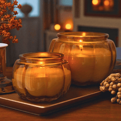 Glaskürbis Kerzen Set (2-teilig) – Herbst & Halloween Deko Duftkerzen
