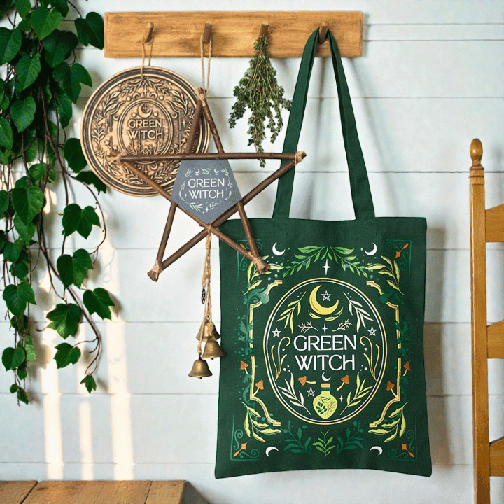 Green Witch Tote Bag – Witchy Stofftasche für Alltag und Einkauf