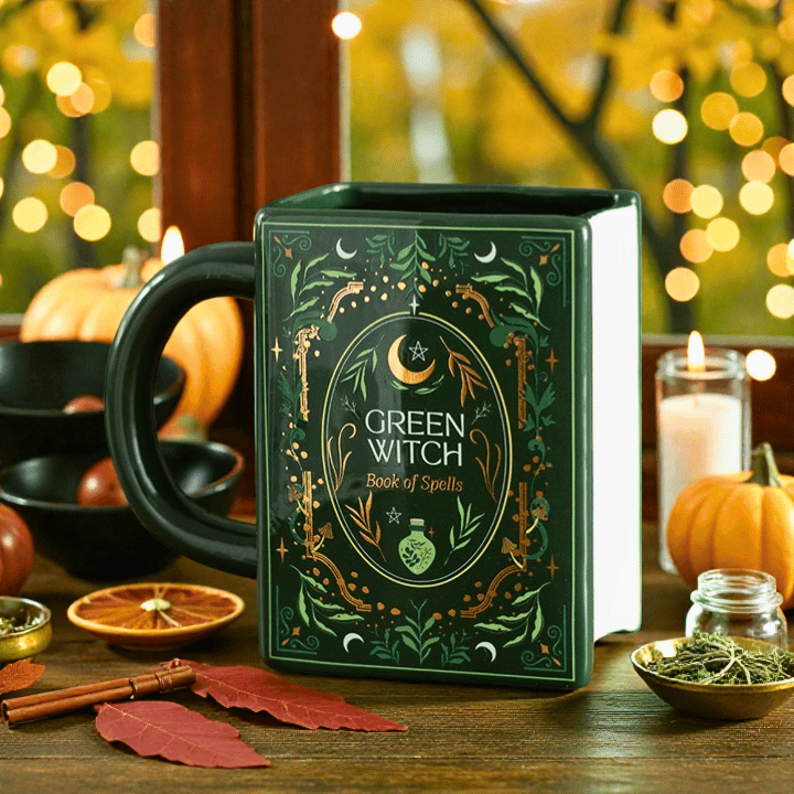 Buchförmige Tasse „Green Witch“ – Keramiktasse für Natur- und Bücherliebhaber