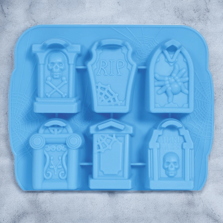 Gruselige Silikonform für Halloween – Gehirn, Grabstein & Totenkopf-Motive