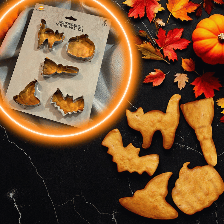 Halloween Ausstechformen Set – 5-teilig aus Metall Keksausstecher (Kürbis, Fledermaus, Hexenhut, Katze, Besen)