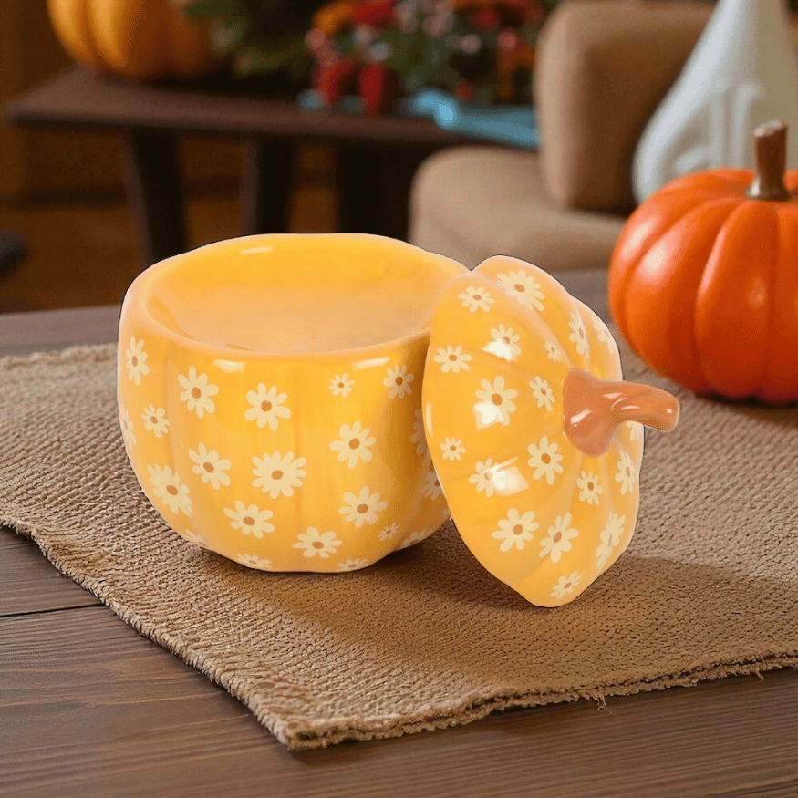 Halloween Duftlampe „Blumenkürbis“ – Keramik Duftlampe mit Retro-Blumenmuster