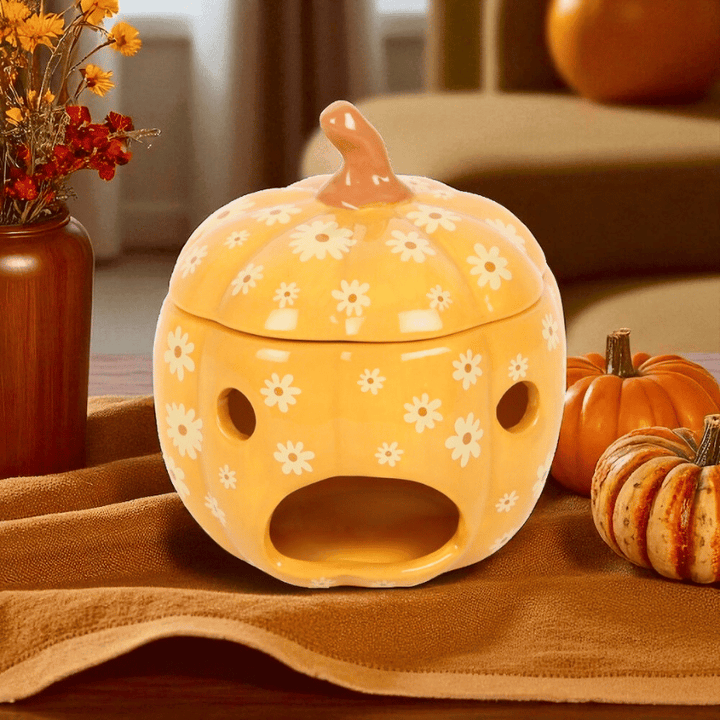Halloween Duftlampe „Blumenkürbis“ – Keramik Duftlampe mit Retro-Blumenmuster