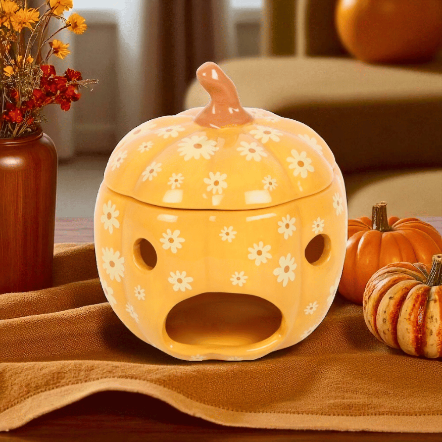 Halloween Duftlampe „Blumenkürbis“ – Keramik Duftlampe mit Retro-Blumenmuster