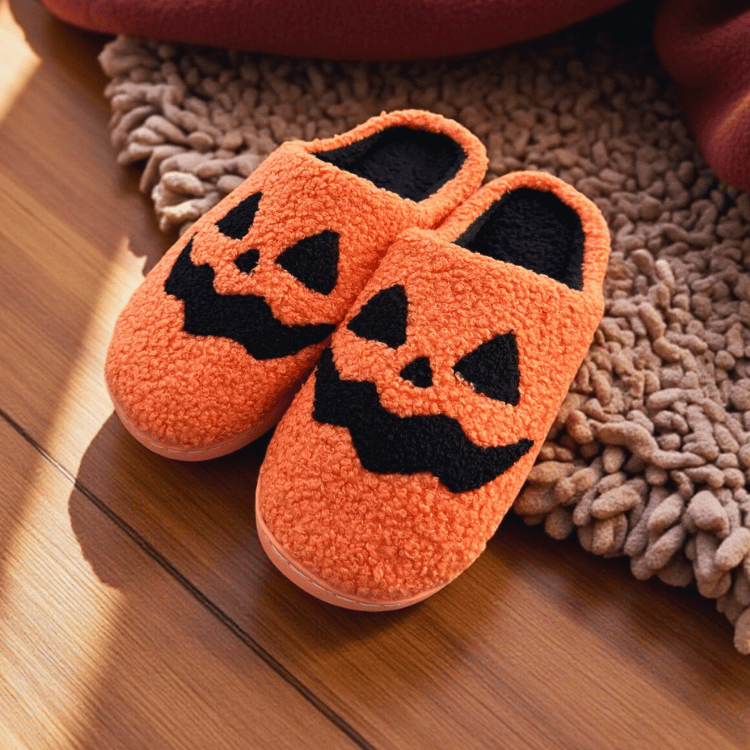 Halloween Hausschuhe Orange mit Kürbis Gesicht – Flauschige Plüsch Slipper