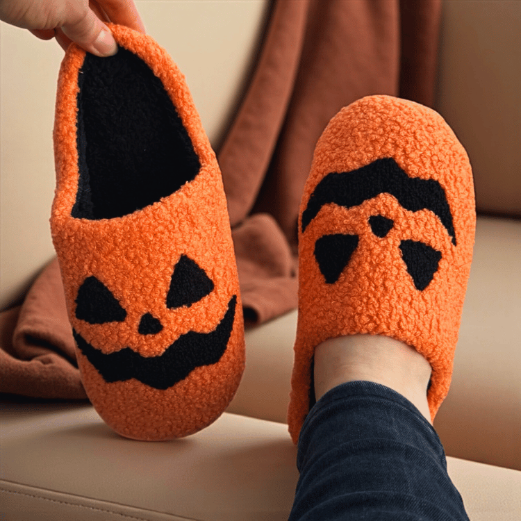Halloween Hausschuhe Orange mit Kürbis Gesicht – Flauschige Plüsch Slipper