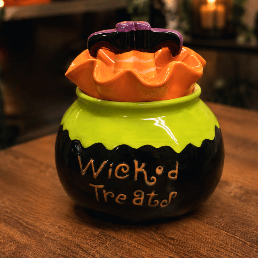 Halloween Keksdose im Hexenkessel-Design Wicked Treats mit Hexenbeinen
