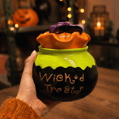 Halloween Keksdose im Hexenkessel-Design mit kopfüber gestürzter Hexe