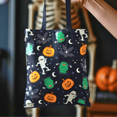 Halloween Stofftasche „Monster-Party“ – Witchy Tragetasche mit Kürbis & Fledermaus Motiv