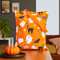 Halloween Stofftasche „Süß & Gruselig“ – Einkaufstasche mit Geister- & Kürbis-Motiv