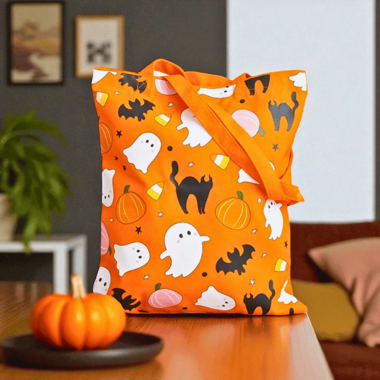 Halloween Stofftasche „Süß & Gruselig“ – Einkaufstasche mit Geister- & Kürbis-Motiv