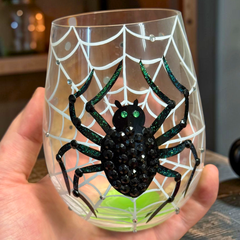 Handbemaltes Halloween Glas Lolita In My Own Web mit Glitzerspinne