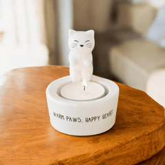 Katzen Teelichthalter Keramik – Warm Paws Happy Heart