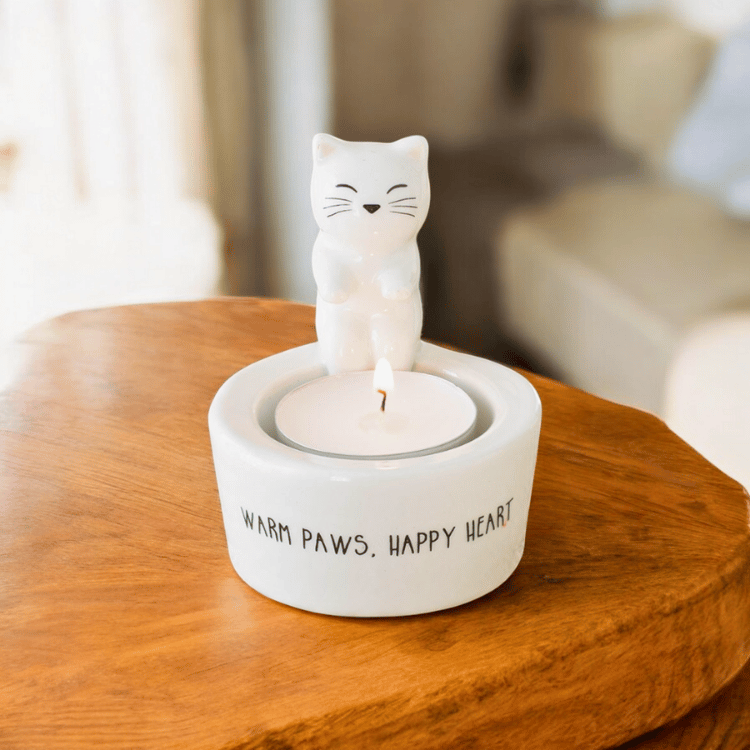 Katzen Teelichthalter Keramik – Warm Paws Happy Heart