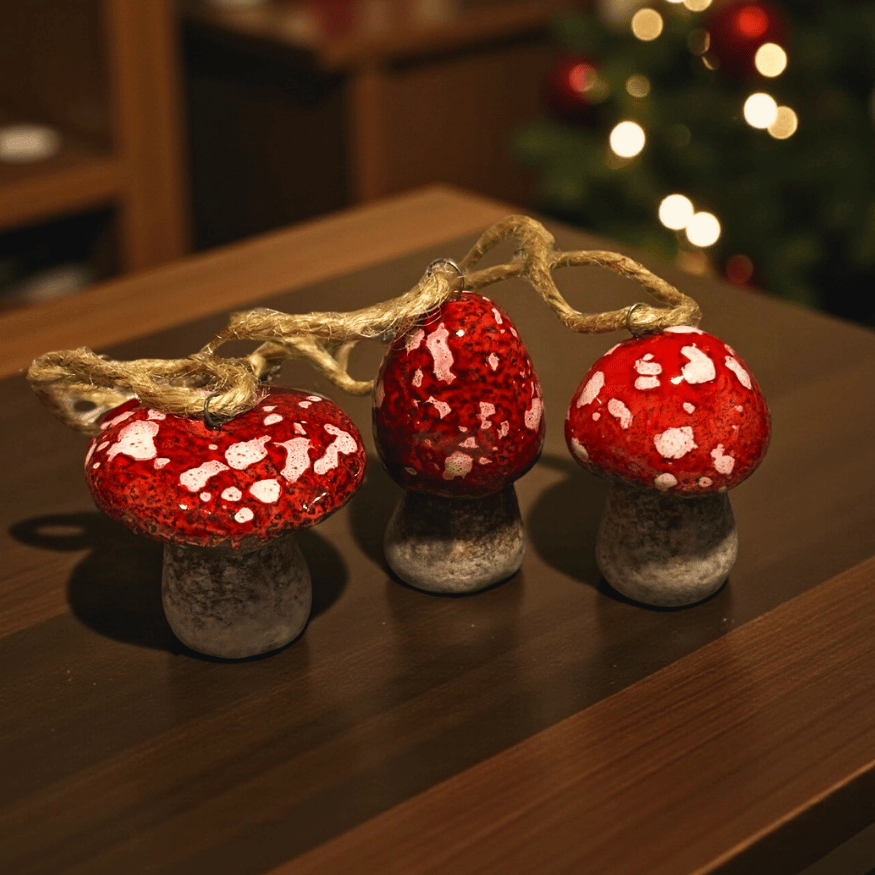 Keramik Pilz-Anhänger im 3er Set – Ornament-Set für Weihnachtsbaum-Schmuck