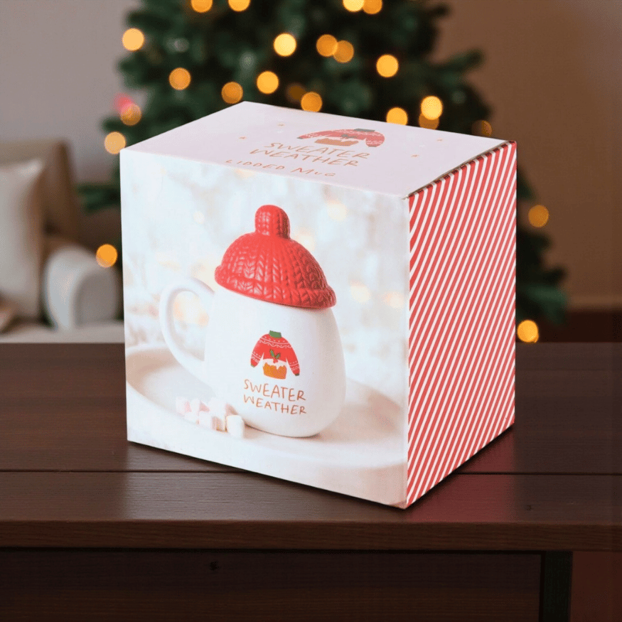 Keramiktasse „Pullover-Wetter“ mit Mützen Deckel – Wintertasse 480 ml