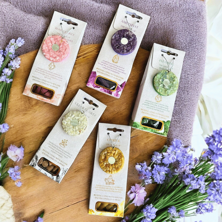 Kristall-Räucherkegel Set mit Halter – 5 Sorten