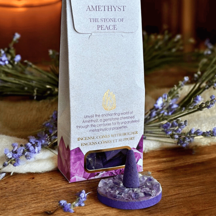 Kristall-Räucherkegel Set mit Halter – 5 Sorten - Amethyst - Lavendel