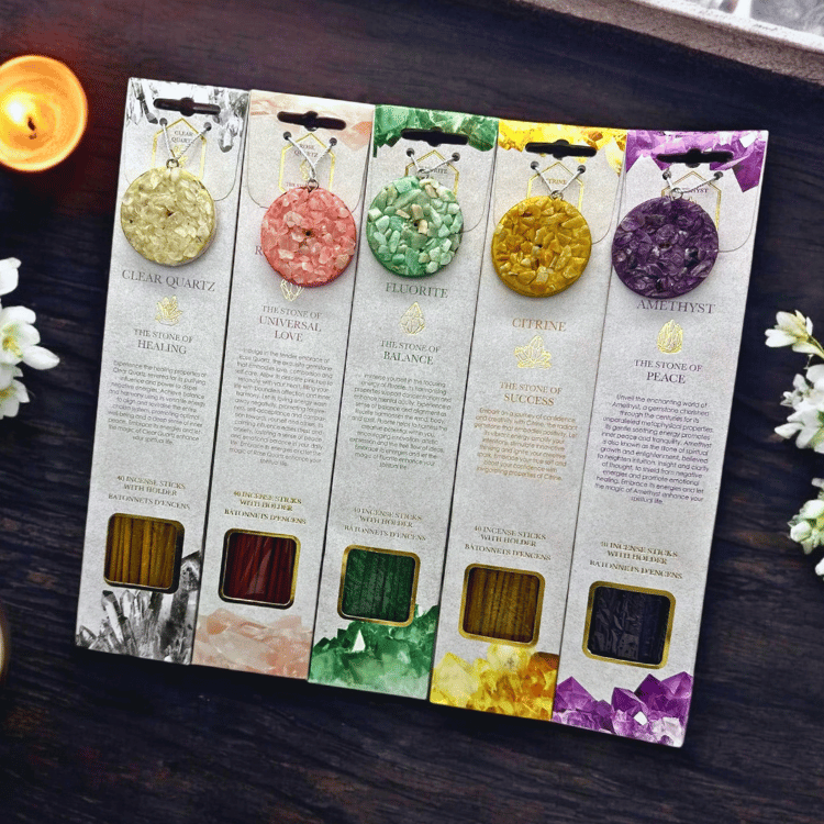 Kristall-Räucherstäbchen Set mit Halter – 5 Sorten