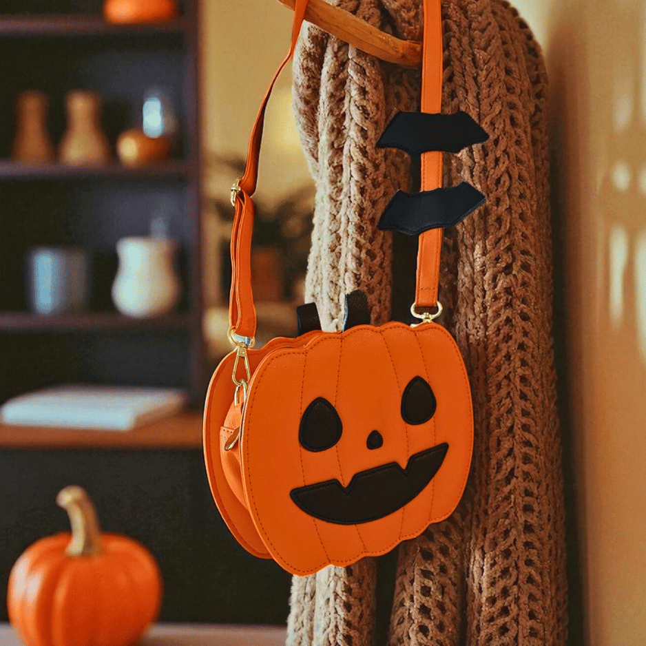 Kürbis Handtasche aus Kunstleder – Orange mit Halloween Fratze