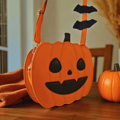 Kürbis Handtasche aus Kunstleder – Orange mit Halloween Fratze