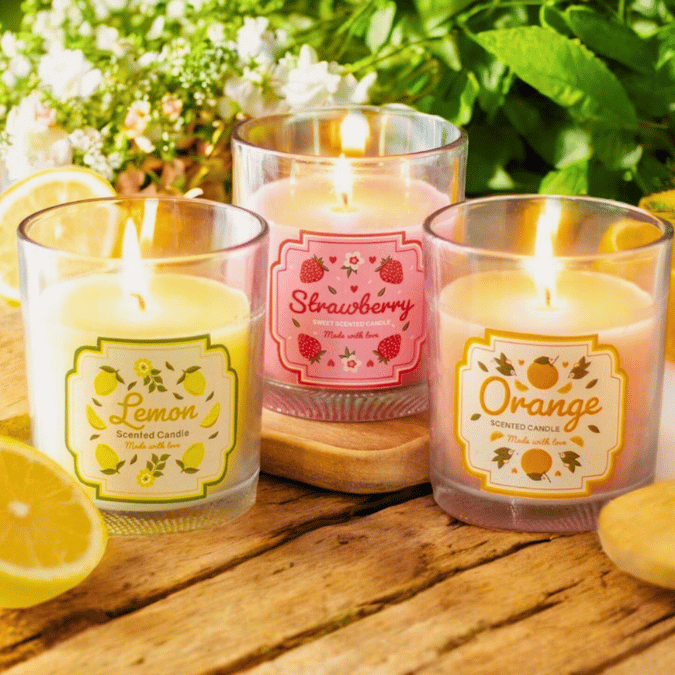 Magische Frucht-Duftkerze – Erdbeere, Orange oder Zitrone