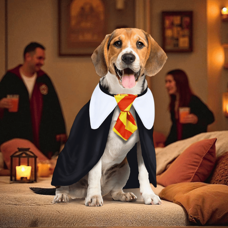 Magisches Hundekostüm Zauberschüler – Halloween Umhang & Krawatte - S